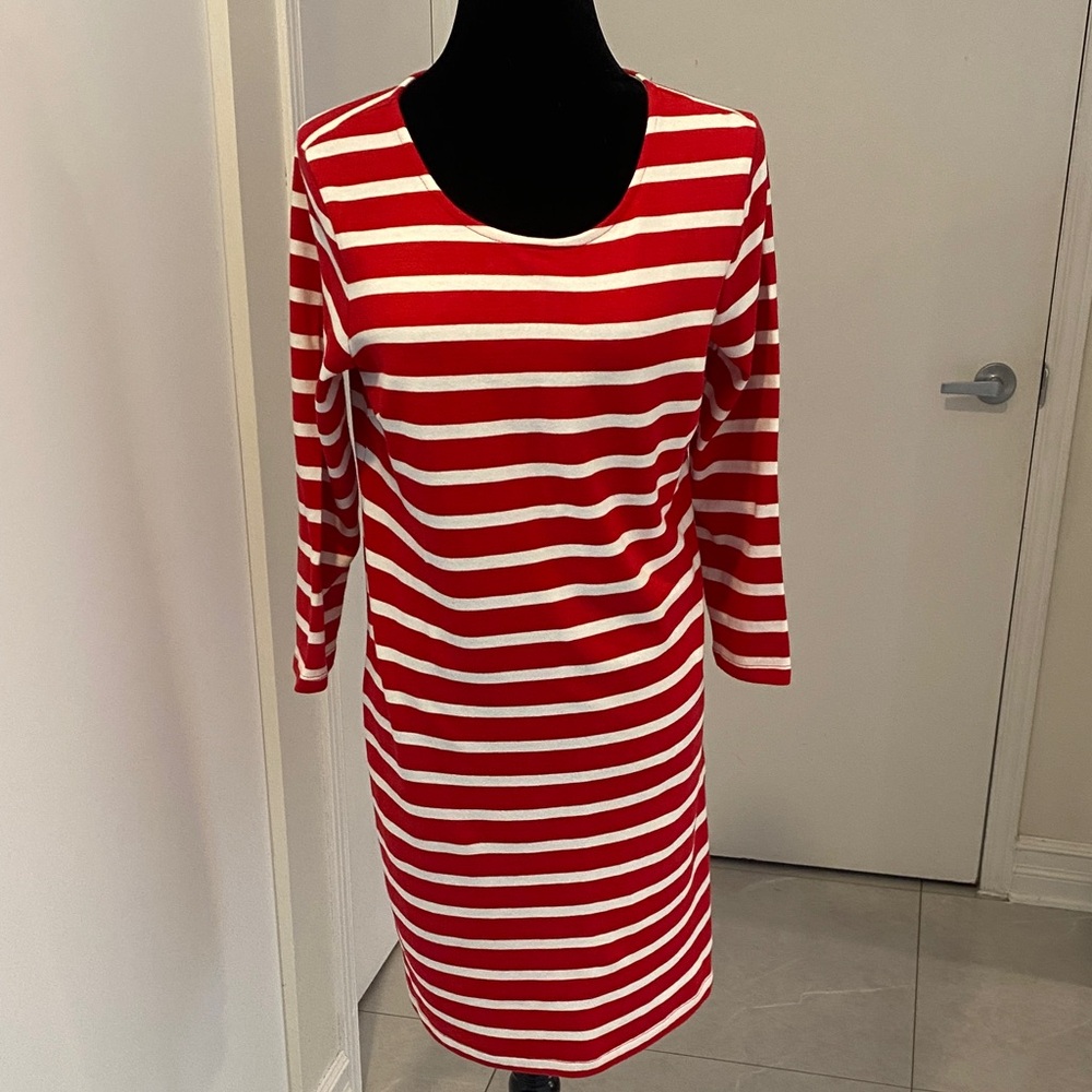 OLD NAVY Red/White Striped 3/4 Sleeve Bodycon Knee Length cotton Dress Sze Small